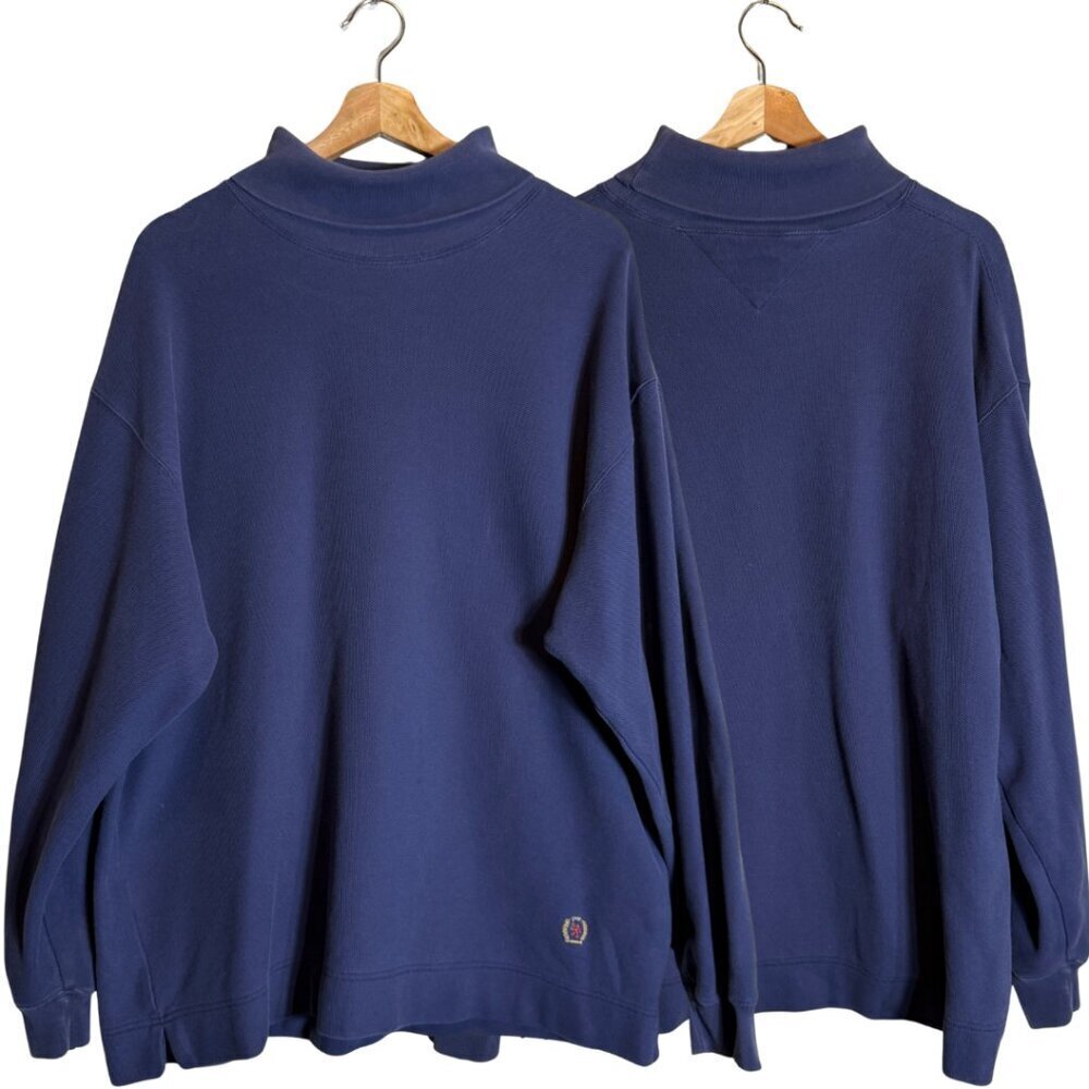 Vintage 90s Tommy Hilfiger Cotton Turtleneck Sweater Pullover Women's XL Blue